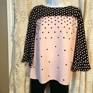 CLASSY Womens Sz M Talbots flounce sleeve pink and black polka dot blouse